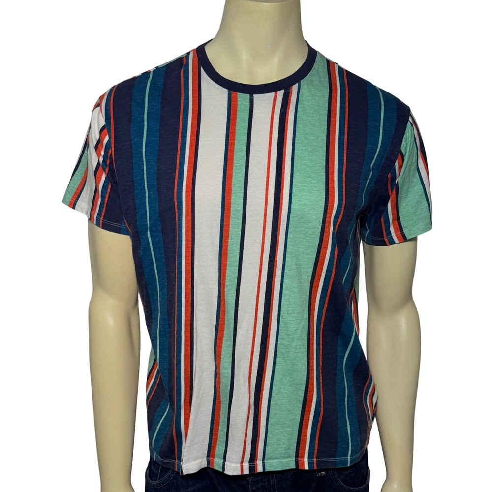 Rue 21 Vertical Stripe T-Shirt Mens Large Blue Green Orange Good Cotton Tee